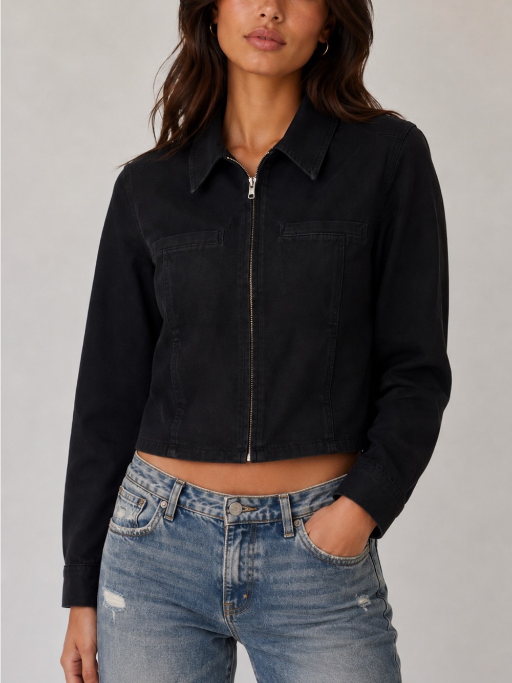 Express Black Denim “50’s” Moto Zip Collared Cropped Jean Jacket (Size 1/2)